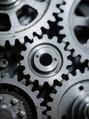 Close-up of interlocking gears with metallic sheen, precision mechanics in motion, symbolizing industrial efficiency and intricate engineering.