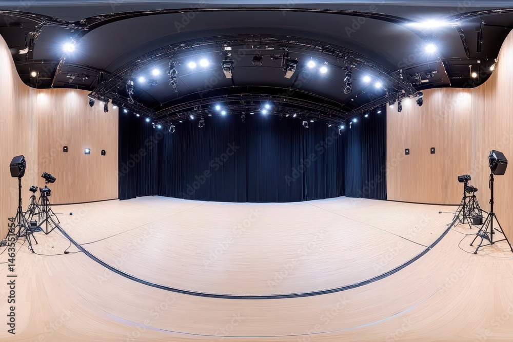 Aufkleber Empty Studio Space with Black Curtains and Stage Lighting Panoramic View for Performance or Photography Studio