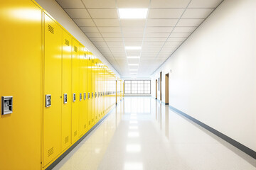 Empty school hallway interior with yellow lockers, clean glossy floor, ceiling lights on bright background. Concept of education area. Ai generative