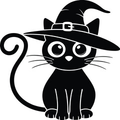 Cute Black Cat Wearing Witch Hat Halloween Vector Illustration in Silhouette Style
