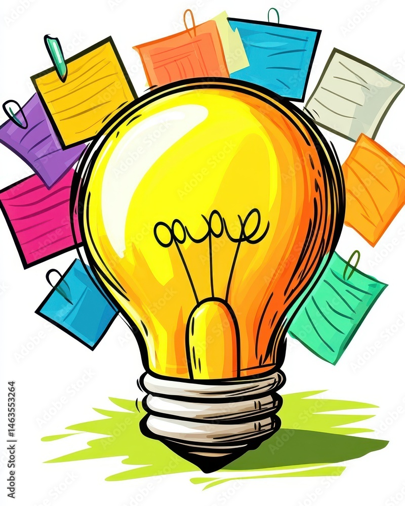 Poster Creative lightbulb surrounded by colorful sticky notes concept illustration idea generation brainstorming session for innovation and problem solving