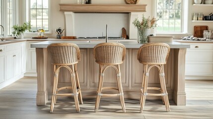 Three rattan bar stools at kitchen island
