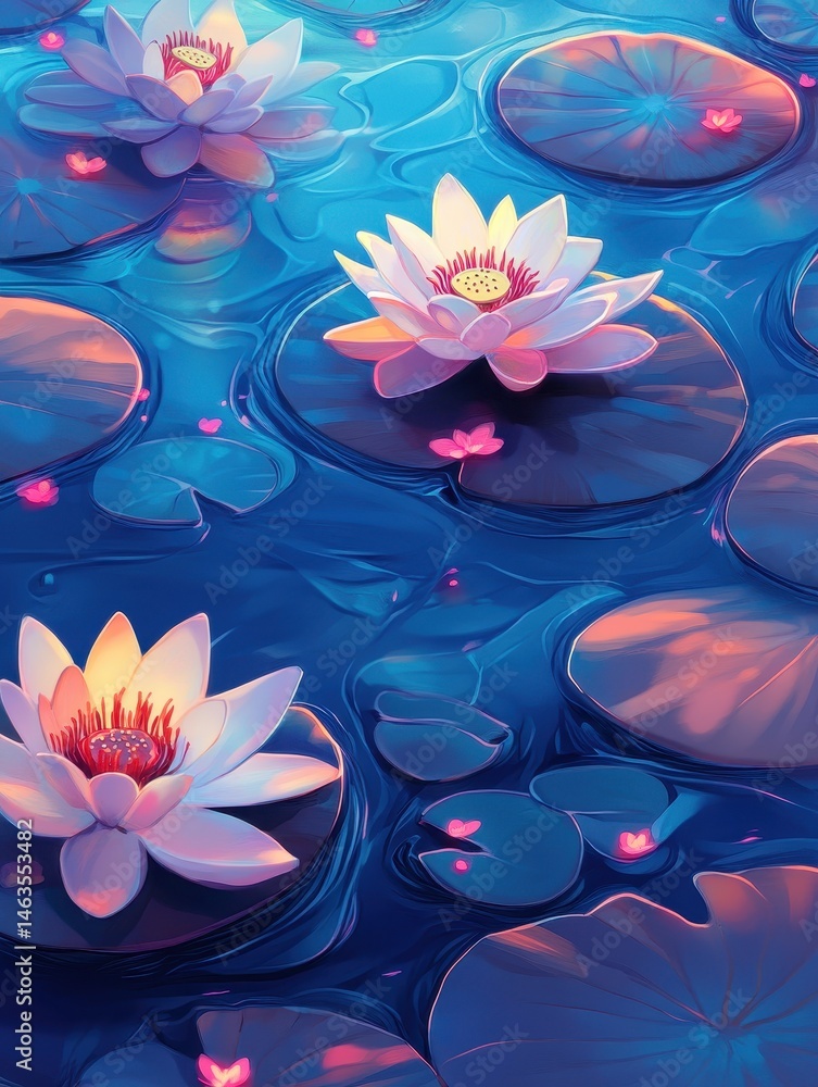 Poster serene water lilies float on a blue pond surface with lily pads in a tranquil scene artistic illustr