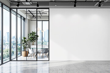 Contemporary office interior with glass meeting room, large windows, potted plants, and white wall background in bright natural light. Ai generative