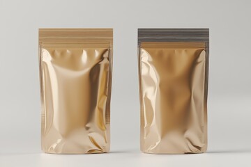 Two gold foil pouches standing on white surface studio shot for product mockup and packaging design showcase