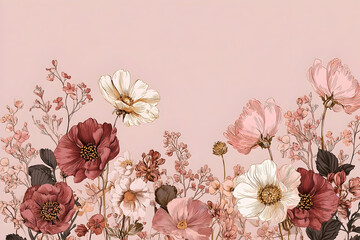 Delicate floral design in muted rose and cream tones.