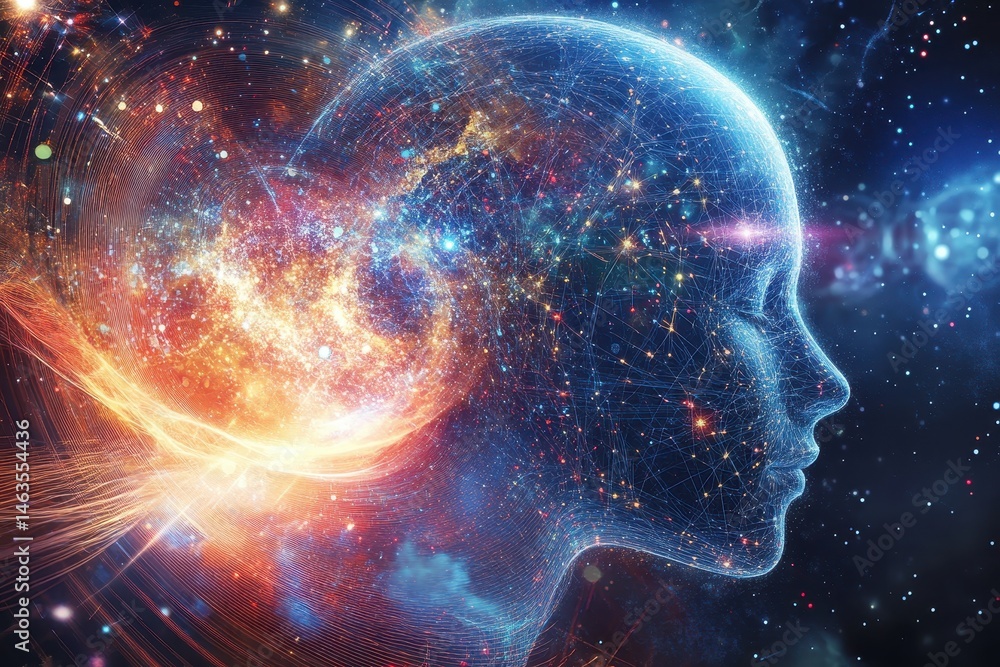 Poster human head profile with universe inside digital art concept of artificial intelligence and conscious