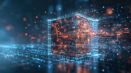 A digital cube breaking apart into binary code, high-tech digital transition