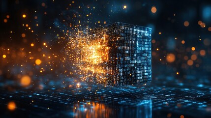 A digital cube breaking apart into binary code, high-tech digital transition
