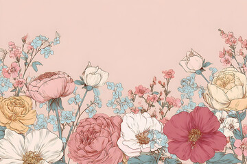 Pastel floral illustration border design with various blossoms.