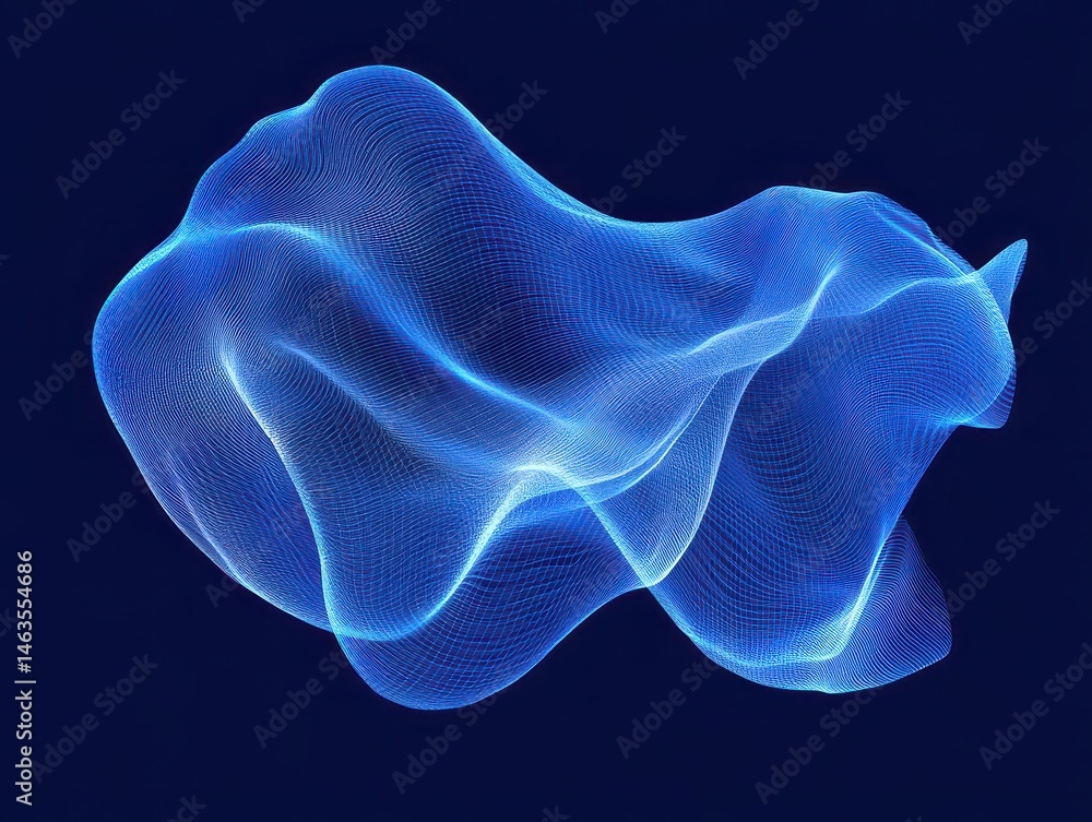 Poster Abstract blue wireframe wave floating on dark background digital render futuristic technology concept