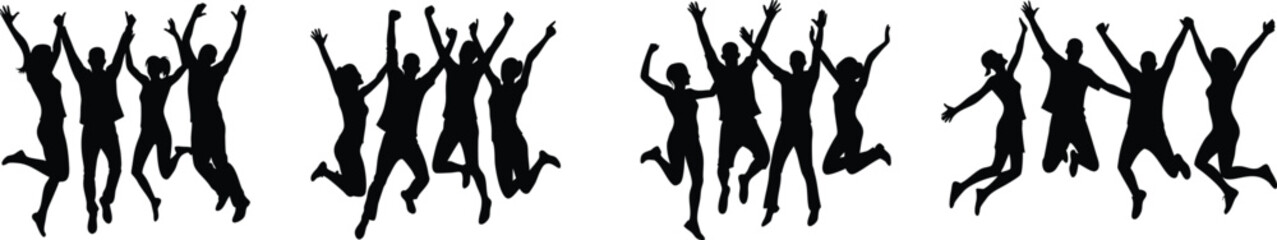 Silhouette set of Group Jumping People, male and female in Motion – Dance Party Clipart – Black Vector Crowd Dancers PNG