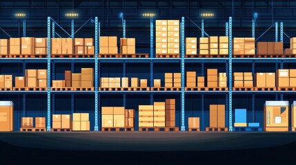 Warehouse interior with shelves full of boxes in storage facility perspective illustration of distribution center inventory management