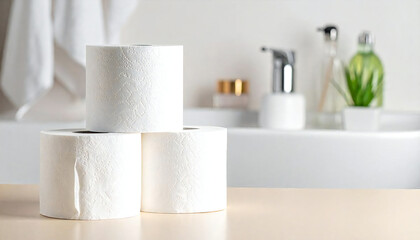 バスルームに積み重ねられた白いトイレットペーパー。White toilet paper stacked in a bathroom.