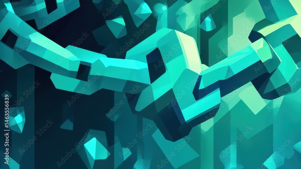 Poster Abstract Low Poly Chain Links in Teal and Blue Tones Digital Art Style Close Up Perspective Blockchain Technology Concept