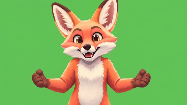 Cartoon fox character illustration waving hand with happy face and green background