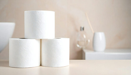 バスルームに積み重ねられた白いトイレットペーパー。White toilet paper stacked in a bathroom.