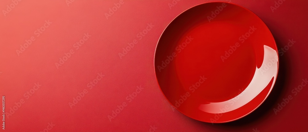 Poster Minimalist red plate on matching background from above simple studio shot for food presentation and design projects