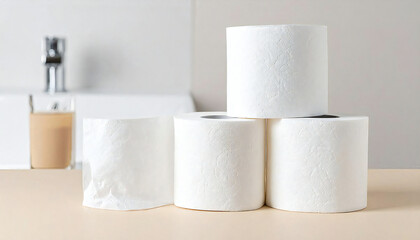 バスルームに積み重ねられた白いトイレットペーパー。White toilet paper stacked in a bathroom.