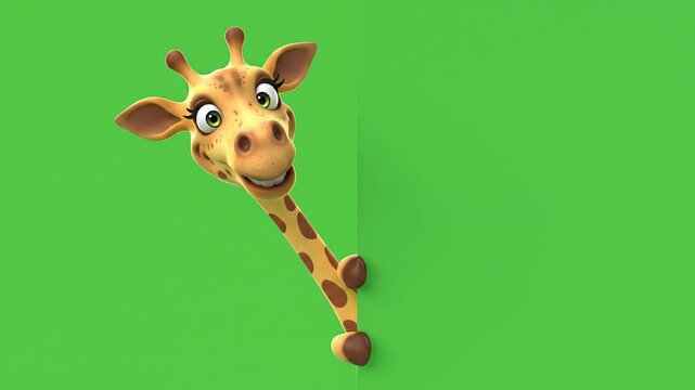 Cartoon giraffe peeking out from green background creating copy space for various commercial purposes