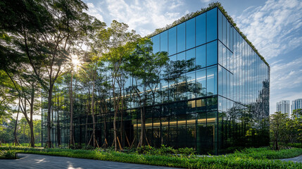 Obraz premium Sustainable glass office building design, Modern glass buildings with reflective facades set against a bright fluffy white clouds, Sleek facade of modern glass office architecture reflecting the sky.