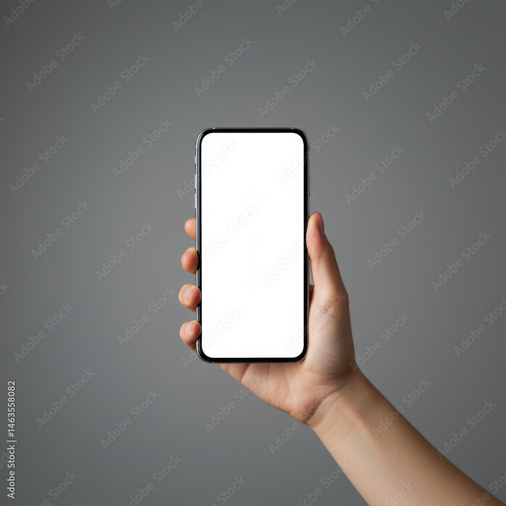 Poster modern smartphone held by a person in a professional setting. handheld display with blank screen aga