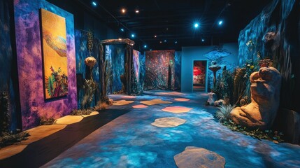 Luminous gallery, colorful murals, sculpted figures, fantastical setting.