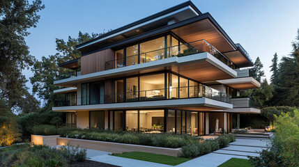 Fototapeta premium Sustainable glass office building design, Modern glass buildings with reflective facades set against a bright fluffy white clouds, Sleek facade of modern glass office architecture reflecting the sky.