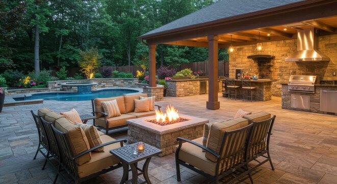 Outdoor living space with fire pit and pool at dusk