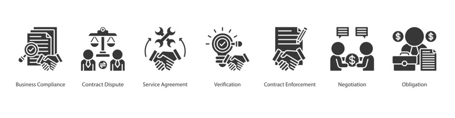 Contract Compliance web banner icon sheet vector business compliance, contract dispute, service agreement, verification, contract enforcement, negotiation, obligation