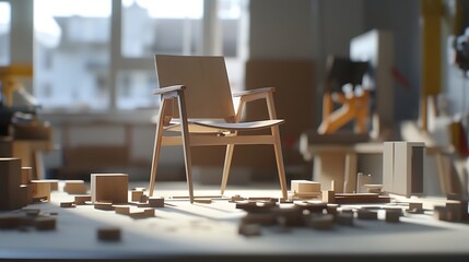Modern Wooden Chair in a Workshop with Various Wood Pieces