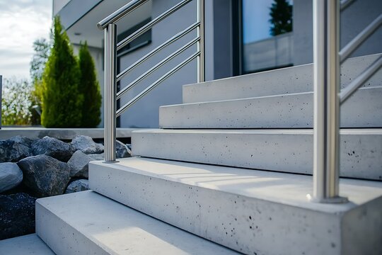 White stairs with metal railings in front of a modern house