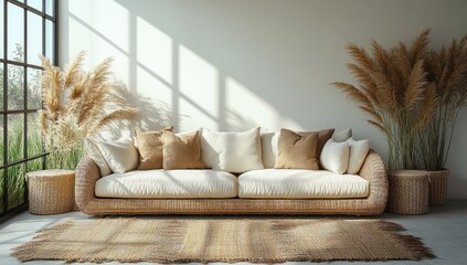 Modern living room interior design with natural elements.