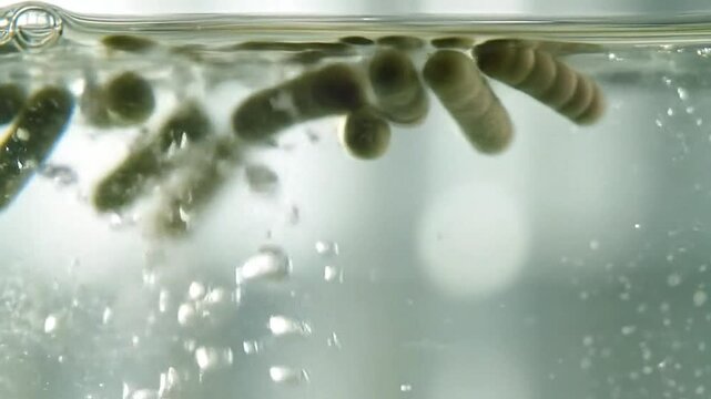 Macro shot of bacilli suspended in a nutrient broth, rod-shaped bodies drifting slowly and interacting, clear fluid medium