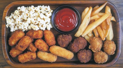Naklejka premium Chicken popcorn bites and nuggets together on a rustic wood plate, served with smooth ketchup dip