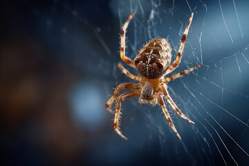 Fototapeta premium Detailed close-up of a spider suspended in a delicate web.