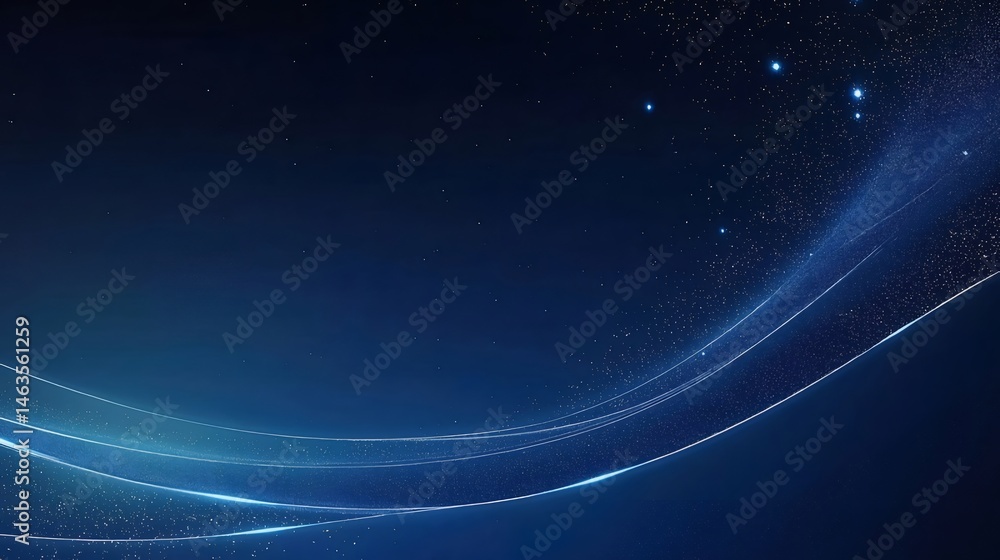Poster 暗い青色の背景に浮かぶ輝く光の曲線と星屑の抽象的な波のデザイン