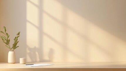 Minimalist workspace still life beige vase green leaves and sunlight shadows