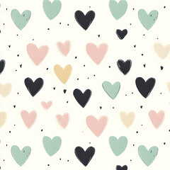 A repeating pattern of whimsical hearts in pastel colors.