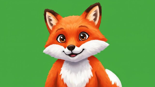 Smiling cartoon fox illustration with orange fur and green background for graphic design projects