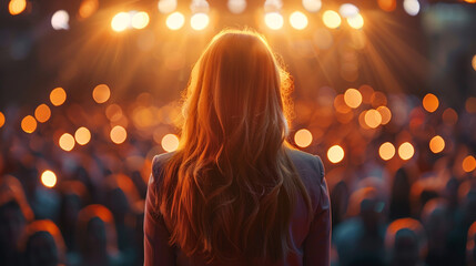 A businesswoman giving a passionate speech on stage during a conference, dramatic spotlighting, blurred crowd in the background, inspirational energy.