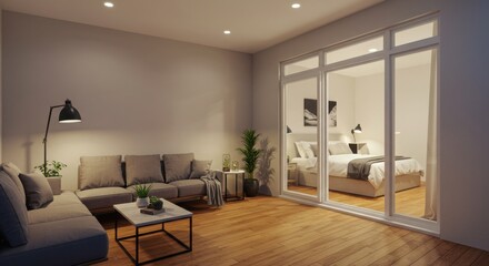 Living room with view of bedroom through glass doors