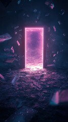 Glowing doorway, shattered fragments, dark, surreal scene.