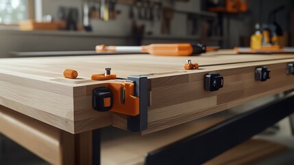 Woodworking Bench with Clamps and Tools