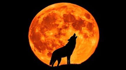 Howling wolf silhouette against orange full moon
