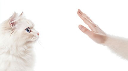 White cat and reaching hand soft fur blue eyes gentle interaction