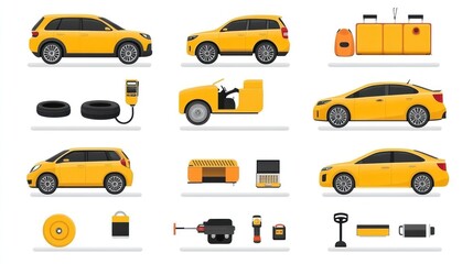 Yellow car collection vector illustration of vehicles parts and accessories