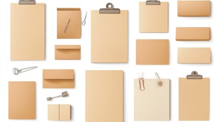 Beige stationery mockup notepads envelopes and paper clips
