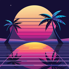 Retro Sunset Beach with Palm Trees – Vaporwave Aesthetic Landscape Art