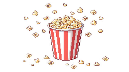 Pixel Art Of Popcorn Bucket With Flying Kernels In Circular Motion On Transparent Background For Fun Retro Snack Or Cinema-Themed Illustrations